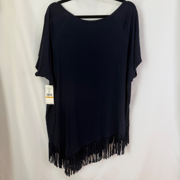 Karen Kane Navy Blue Asymmetrical Fringe Hem Tunic Top 3X NWT Boho Luxury $89 - Picture 7 of 9